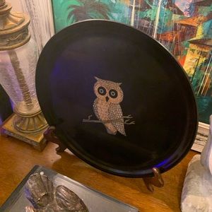Vintage Couroc Owl Resin Tray with Brass Inlay with Stand